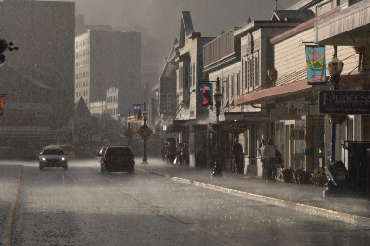 downtown Juneau in a rainstorm